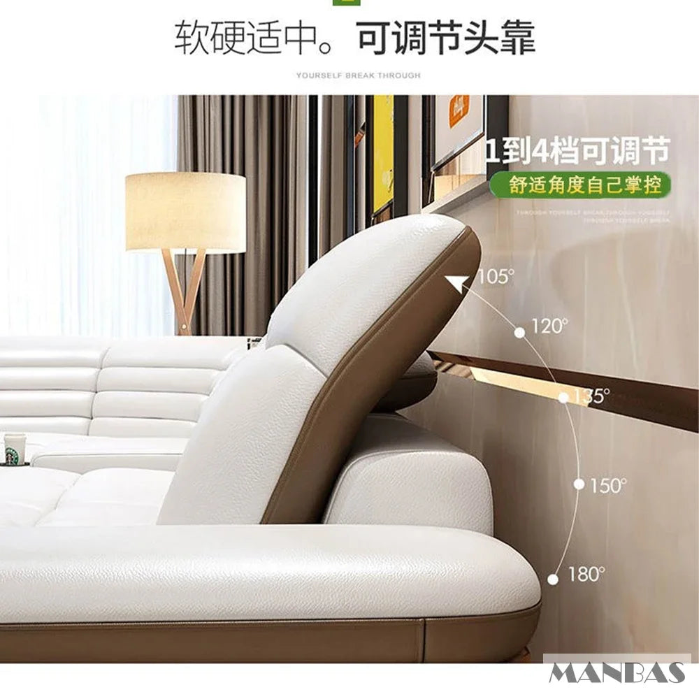 Luxury L-Shaped Genuine Leather Sectional Sofa Sets with USB, Bluetooth Speaker - MANBAS Living Room Italian Leather Couches